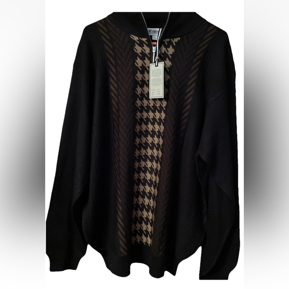 New Stacey Adams Mens XL 1/4 Zip Black Herringbone Design Sweater 100% Acrylic